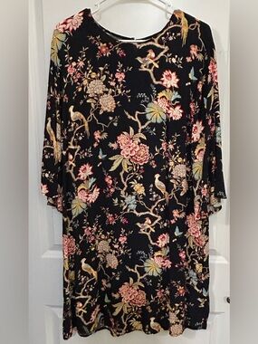 Women’s GP&J BAKER x H&M BLACK FLORAL BIRDS PRINTED CREPE DRESS 14